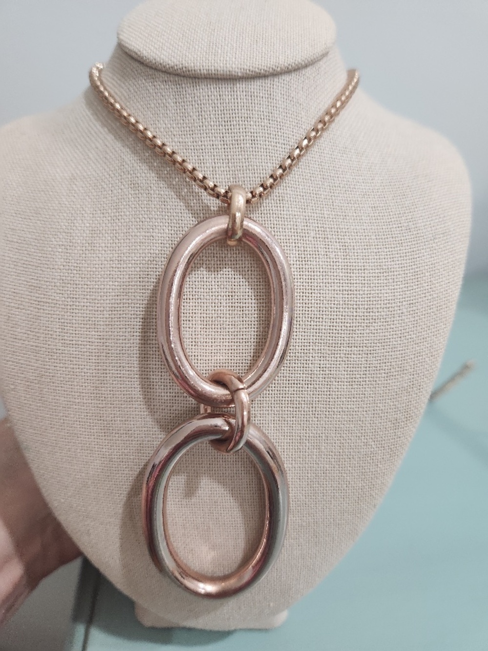Chico's Rose Gold Tone Double Oval Link Pendant Necklace 30" Box Chain NWT